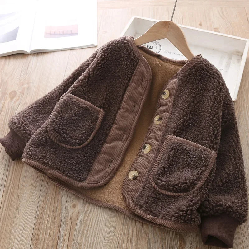 2025 Korean Boys Fall Winter Clothes For Girls Velvet Loose Lamb Velvet Warm Children's Jacket Coat For Girls 0-5-year-old