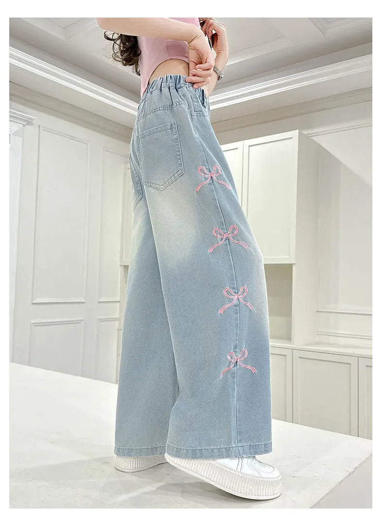 Girls' side pink bow embroidered wide-leg pants 2025 summer thin style slim straight pants suitable for outdoor 5-15 years old