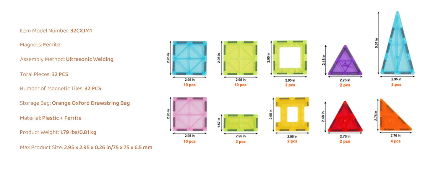SucceBuy 32PCS Light Magnetic Tiles Building Blocks Magnet Educational STEM Sensory Stacking Toys for Toddlers Boys Girls Gifts