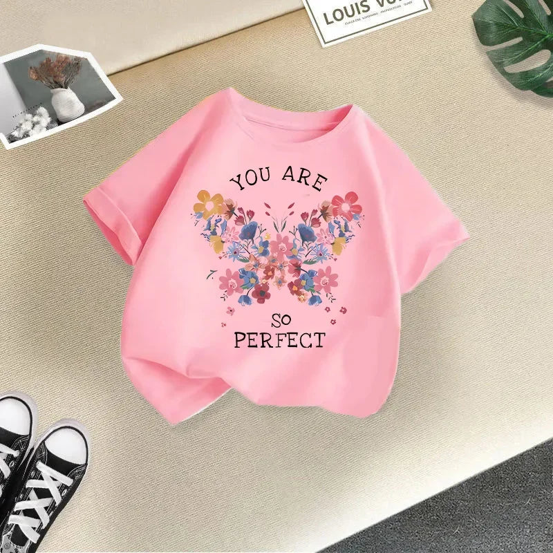 2025 Girl Butterfly Kitten Printed T-shirt Fashion Pure Cotton Round Neck Short Sleeve Girl Casual Candy Color Top