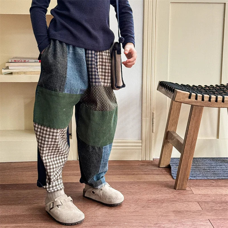 deer jonmi 2024 New Autumn Baby Boys Loose Patchwork Trousers Korean Style Toddlers Kids Casual Chic Haren Pants