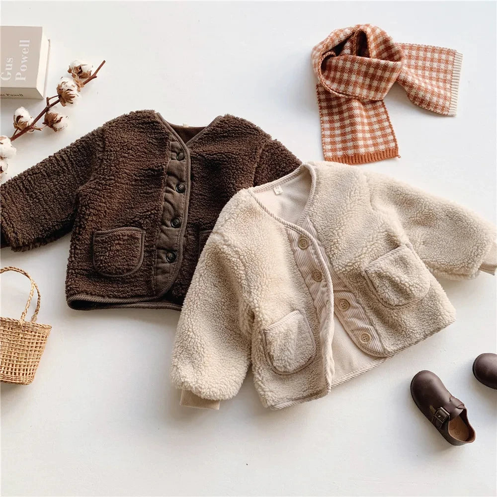 2025 Korean Boys Fall Winter Clothes For Girls Velvet Loose Lamb Velvet Warm Children's Jacket Coat For Girls 0-5-year-old