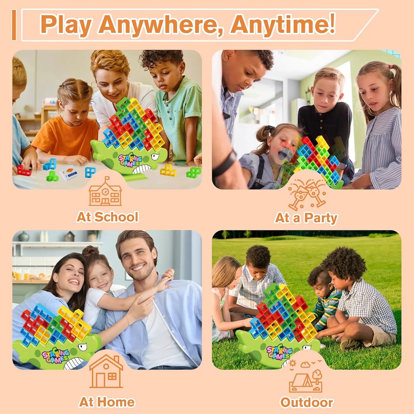 Dinosaur Balance Games for Kids Stacking Blocks, 64 PCS Tower Stack Game - Perfect Family Games for Kids and Adults - Great for