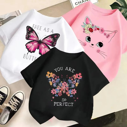 2025 Girl Butterfly Kitten Printed T-shirt Fashion Pure Cotton Round Neck Short Sleeve Girl Casual Candy Color Top