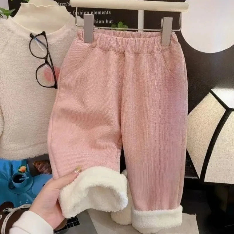 New Kids Thicken Plush Autumn Winter Pants Boys Girls Trendy Fashion Outdoor Plaid Straight Leg Students Children Warm Pant