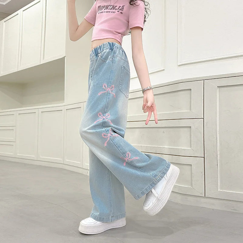 Girls' side pink bow embroidered wide-leg pants 2025 summer thin style slim straight pants suitable for outdoor 5-15 years old