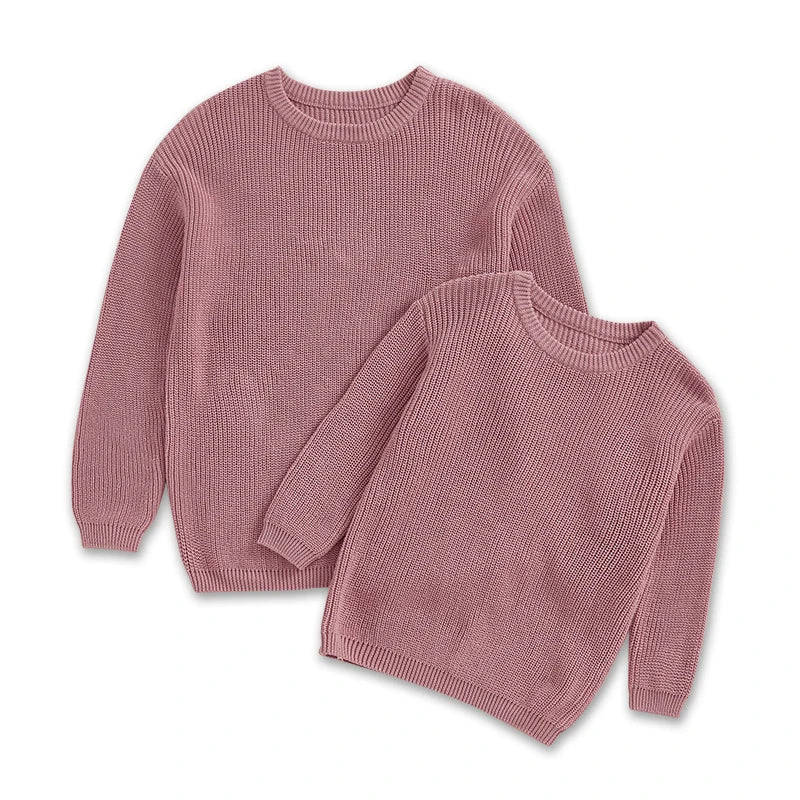 Autumn Winter Fashion Mommy and Me Matching Sweaters Solid Color Ribbed Long Sleeve Round Neck Chunky Knit Tops