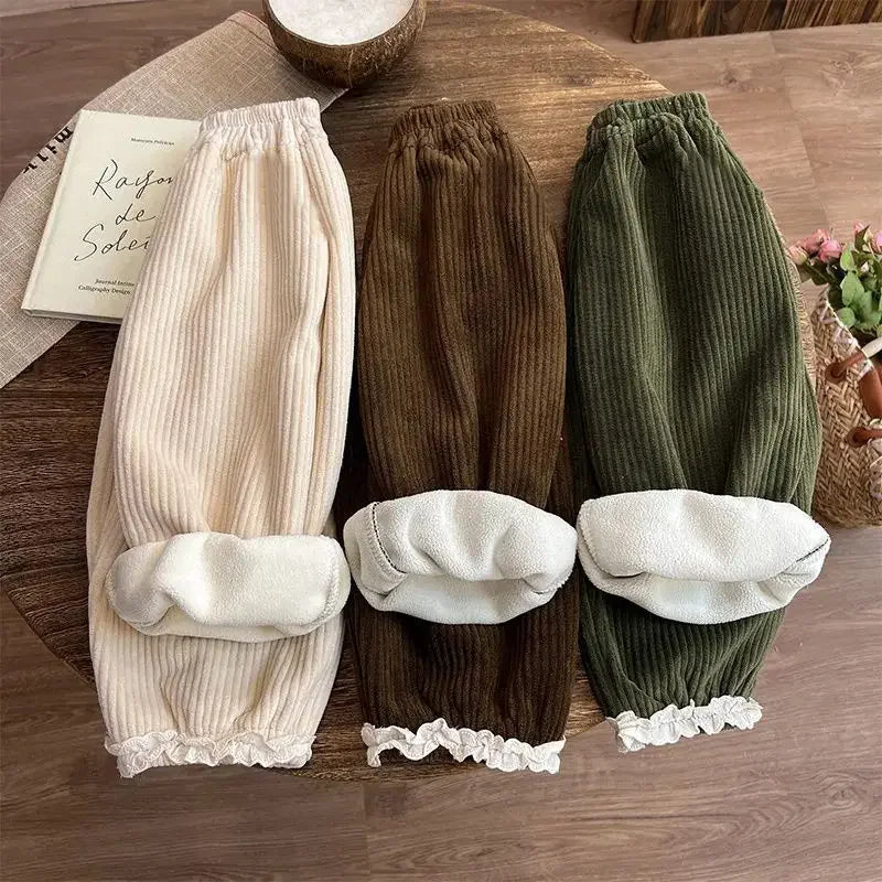 Girls Corduroy Fleece Pants Children Winter Warm Loose Straight Trousers Kids Lace Splicing Clothing Toddler Wide-leg Pants