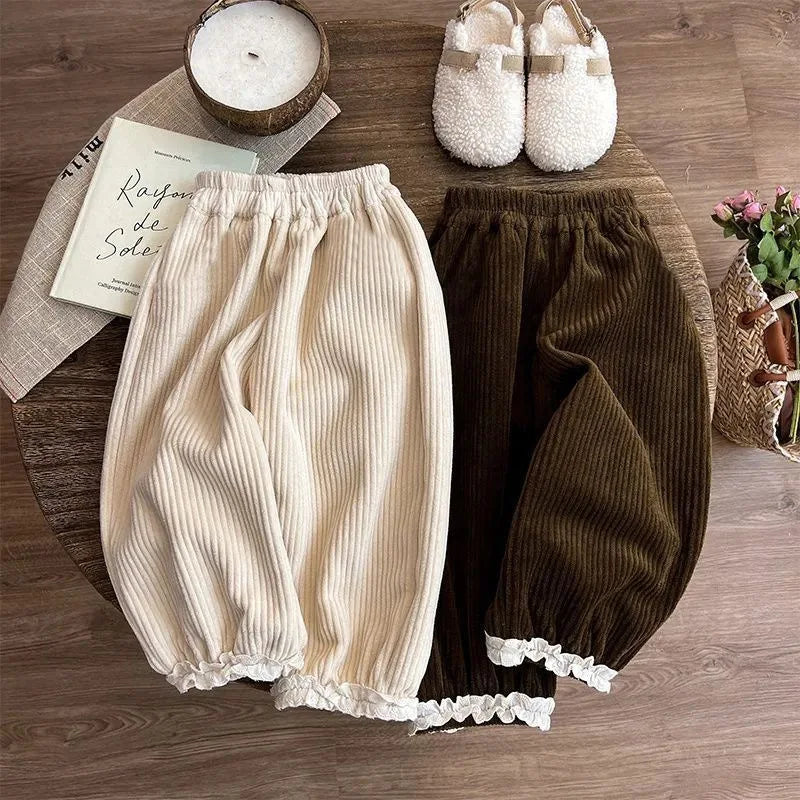 Girls Corduroy Fleece Pants Children Winter Warm Loose Straight Trousers Kids Lace Splicing Clothing Toddler Wide-leg Pants