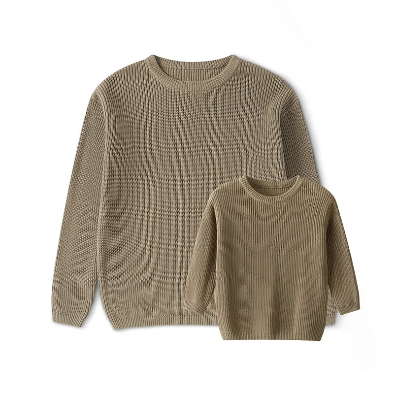 Autumn Winter Fashion Mommy and Me Matching Sweaters Solid Color Ribbed Long Sleeve Round Neck Chunky Knit Tops