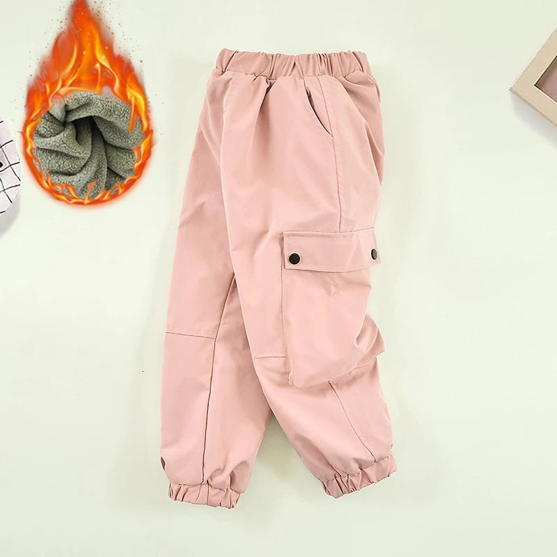 Winter Girls' Fleece-Lined Cargo Pants Windproof Waterproof Thermal Outdoor Casual Sweatpants for Kids 4-14 Years