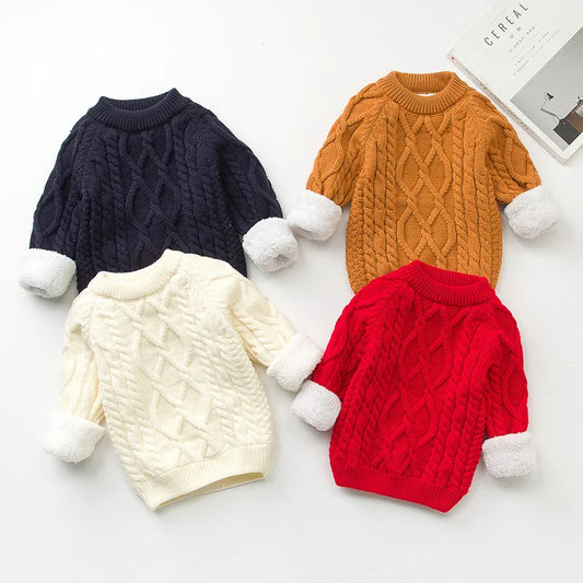 Autumn Winter Children Clothing Baby Girls Boys Thicken Plush Knitted Pullover Tops 1-8Yrs Kids Casual Loose Pullover Sweater
