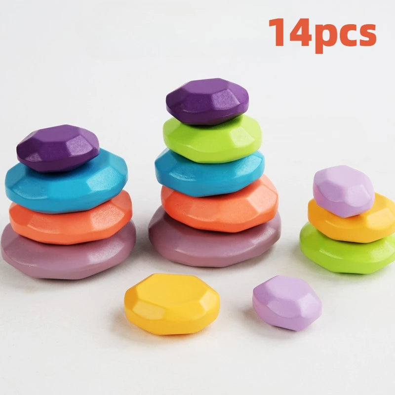 14pcs Wood Colorful Stone Building Blocks Wooden Toy Kids Interactive Party Stacking Game Educational Toys for Children