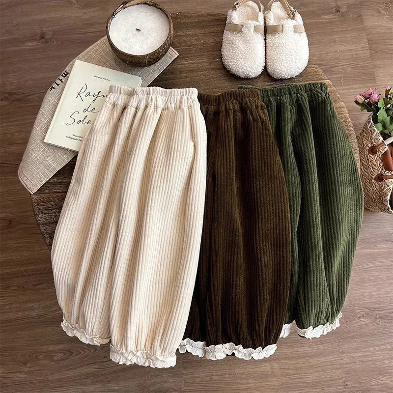 Girls Corduroy Fleece Pants Children Winter Warm Loose Straight Trousers Kids Lace Splicing Clothing Toddler Wide-leg Pants