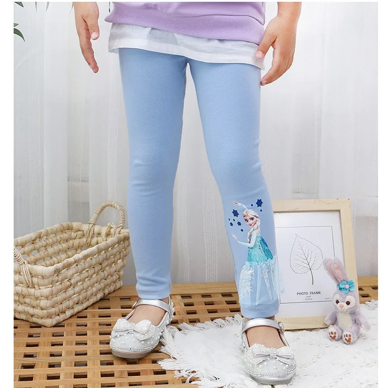 2025 Disney Girls Leggings Quality Cotton for Children Frozen Anna Elsa Autumn Baby Girl Pink Blue Trouser Kids Pants Cartoon