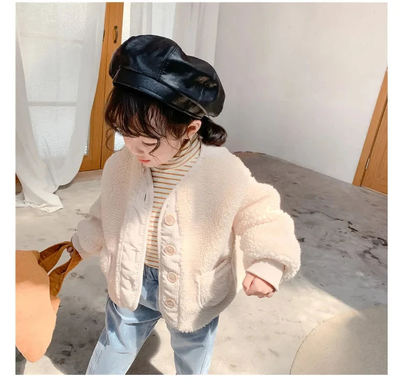 2025 Korean Boys Fall Winter Clothes For Girls Velvet Loose Lamb Velvet Warm Children's Jacket Coat For Girls 0-5-year-old
