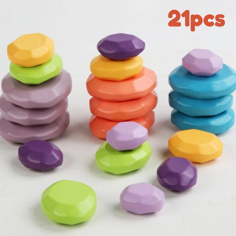 14pcs Wood Colorful Stone Building Blocks Wooden Toy Kids Interactive Party Stacking Game Educational Toys for Children