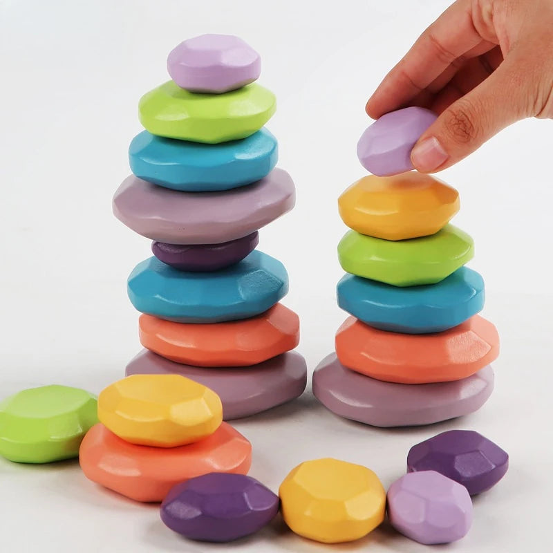 14pcs Wood Colorful Stone Building Blocks Wooden Toy Kids Interactive Party Stacking Game Educational Toys for Children