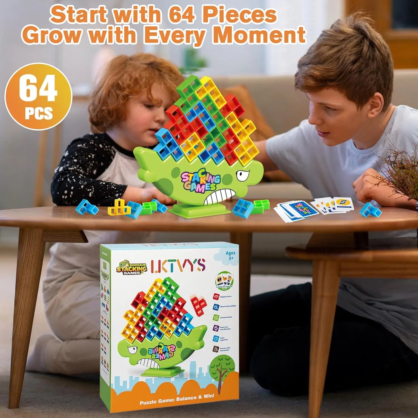 Dinosaur Balance Games for Kids Stacking Blocks, 64 PCS Tower Stack Game - Perfect Family Games for Kids and Adults - Great for