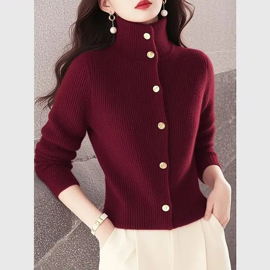 Women's Red High Neck Knit Sweater Lazy Luxe Feel Elegant Chic Pullover Tops Autumn Winter Women Clothing