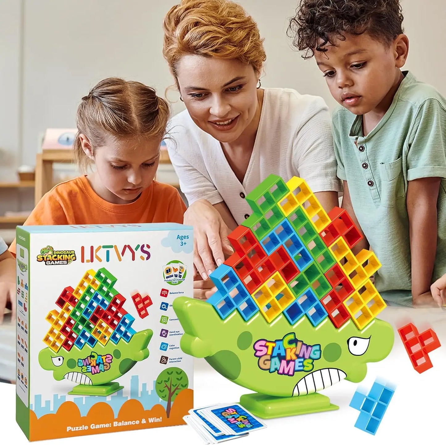 Dinosaur Balance Games for Kids Stacking Blocks, 64 PCS Tower Stack Game - Perfect Family Games for Kids and Adults - Great for