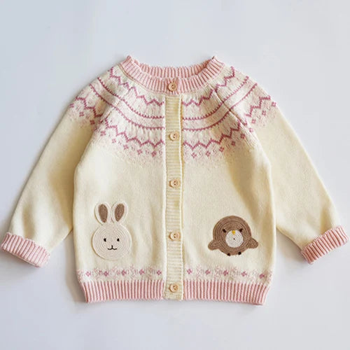 2024 New Autumn Children Long Sleeved Cartoon Print Casual Loose Sweater Baby Girls Knitting Cardigan Coat Kids Knitted Cardigan