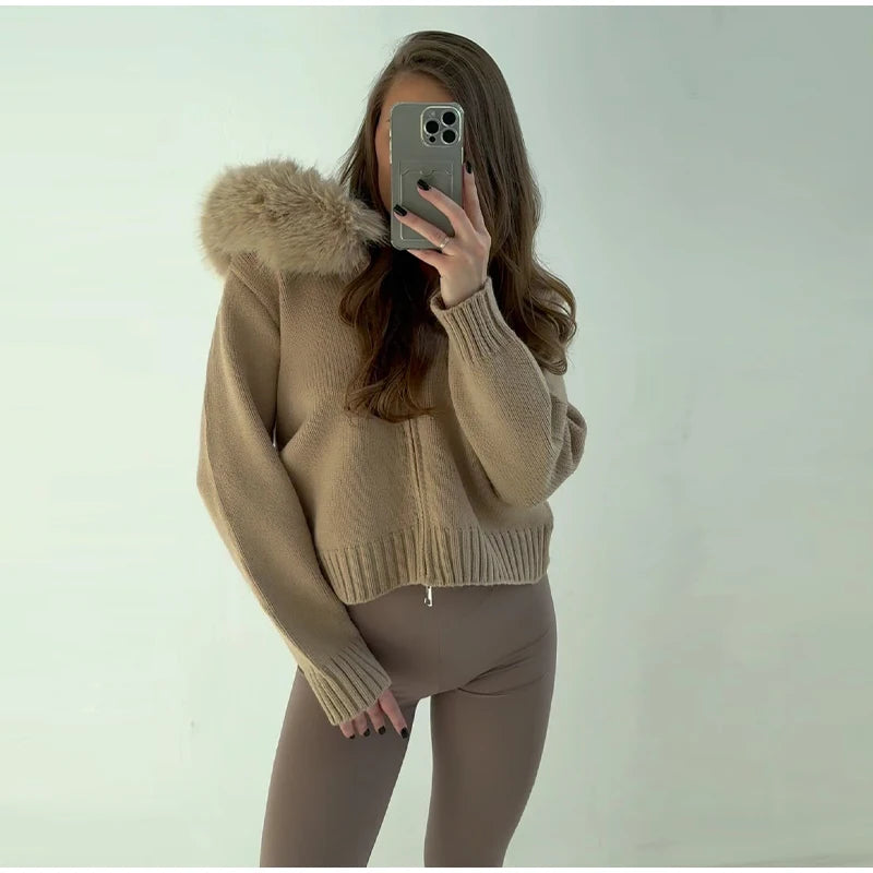 2025 Autumn Casual Fur Collar Sweater Coat Women's Solid Loose Long Sleeve Zippers Pullover New Ladies Fashion Office Tops