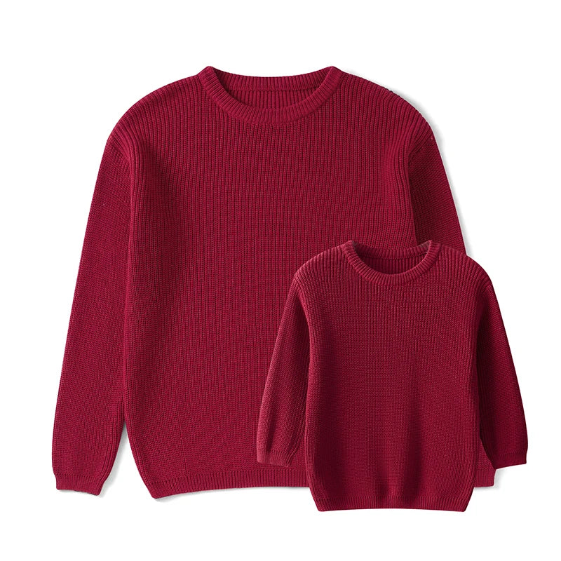 Autumn Winter Fashion Mommy and Me Matching Sweaters Solid Color Ribbed Long Sleeve Round Neck Chunky Knit Tops