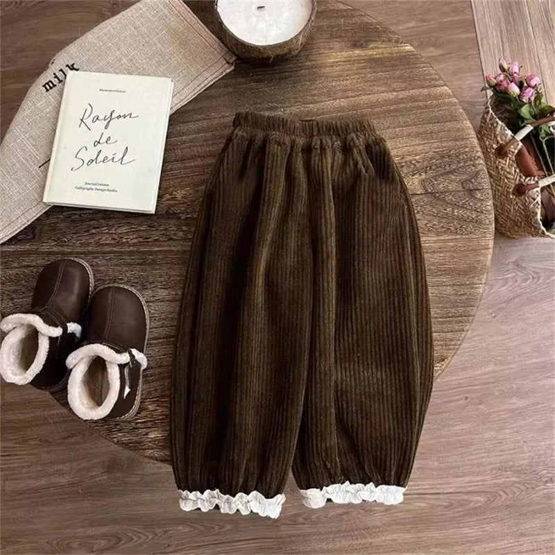 Girls Corduroy Fleece Pants Children Winter Warm Loose Straight Trousers Kids Lace Splicing Clothing Toddler Wide-leg Pants