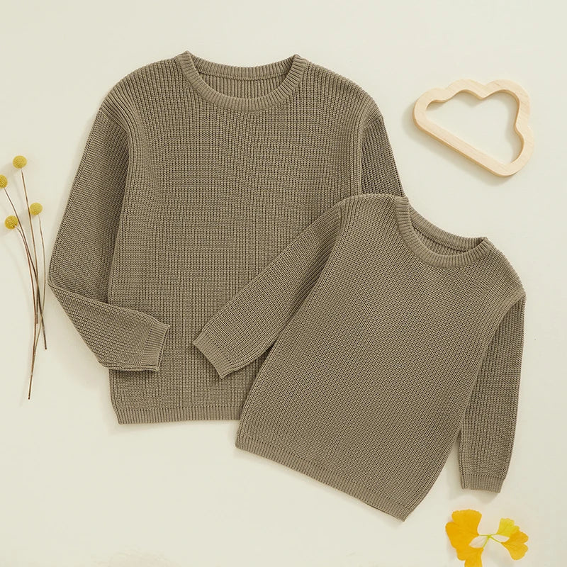 Autumn Winter Fashion Mommy and Me Matching Sweaters Solid Color Ribbed Long Sleeve Round Neck Chunky Knit Tops
