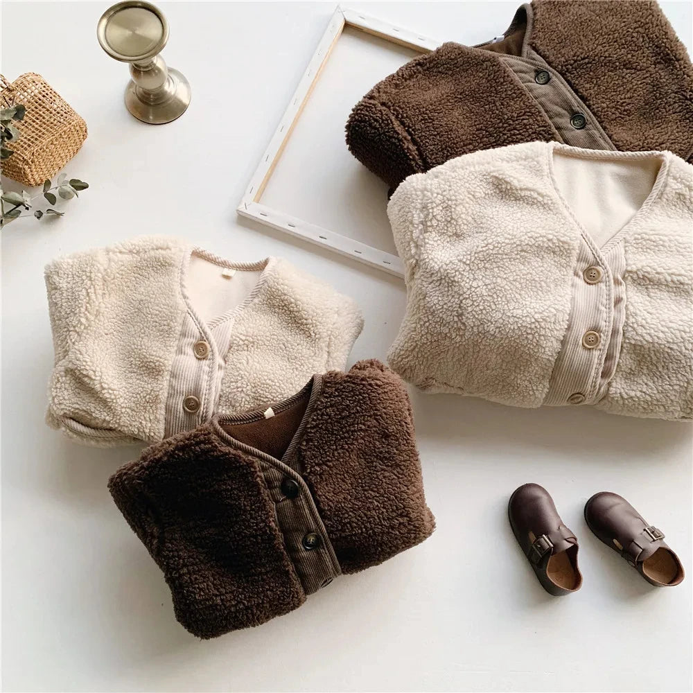 2025 Korean Boys Fall Winter Clothes For Girls Velvet Loose Lamb Velvet Warm Children's Jacket Coat For Girls 0-5-year-old