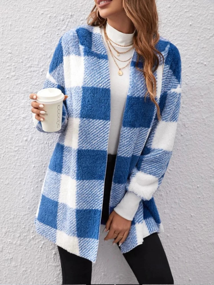 2024 Winter Thick Color-blocked Women's Cardigan Loose Ribbed Cold Resistance Plaid Sweaters Warm Plush Woman Cozy New Clothes