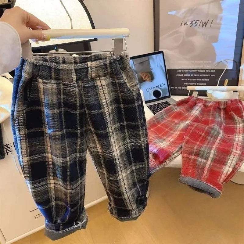 New Kids Thicken Plush Autumn Winter Pants Boys Girls Trendy Fashion Outdoor Plaid Straight Leg Students Children Warm Pant