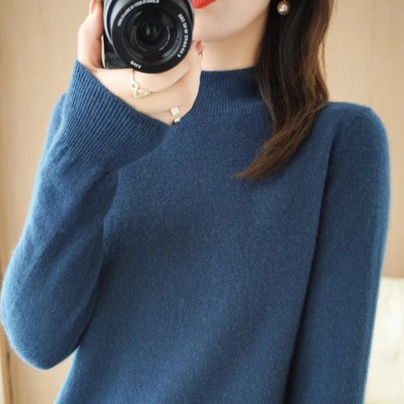 Autumn Winter Women Sweater Korean Fashion Warm Bottoming Shirts Half High Collar Basic Knitwear Solid Long Sleeve Pullovers