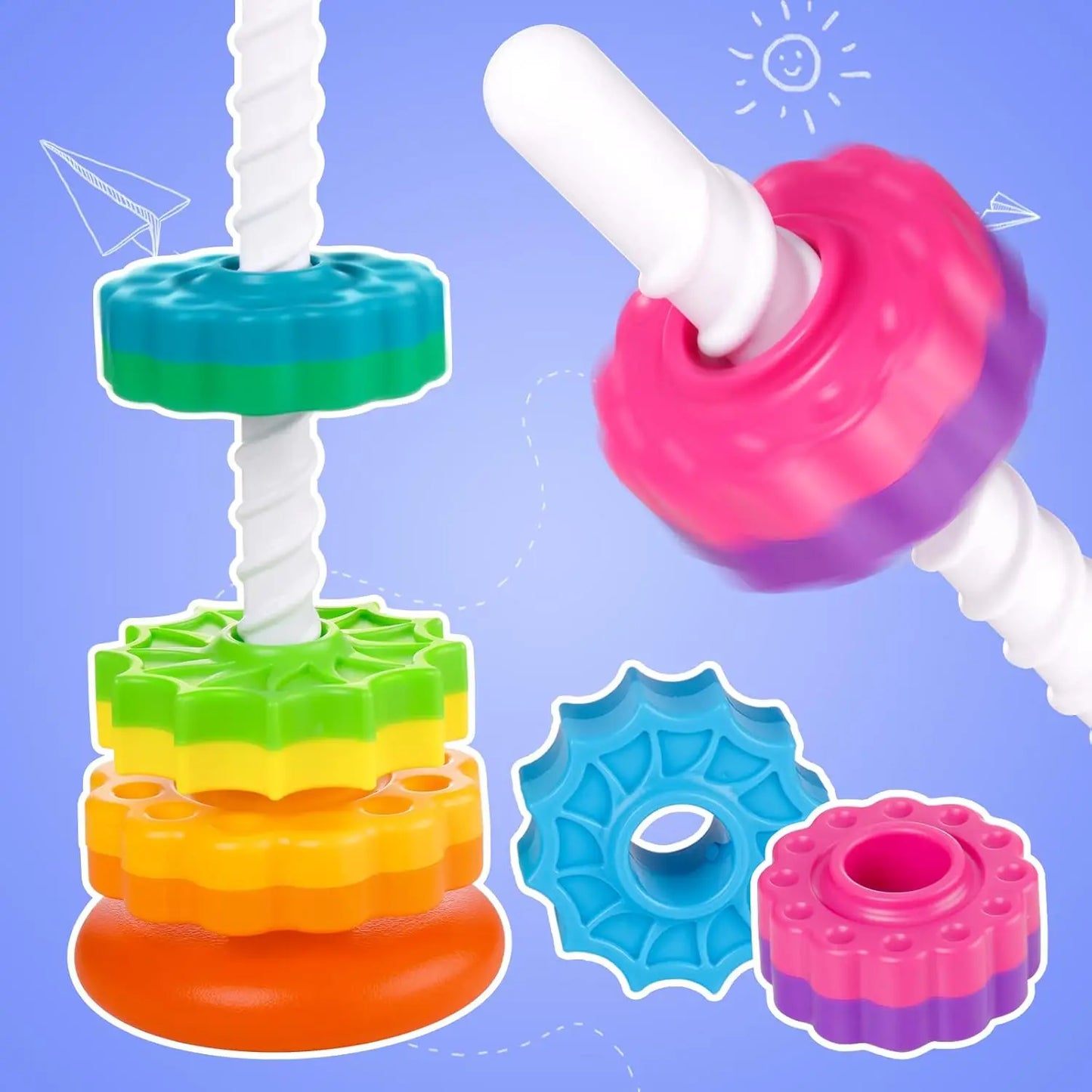 Spinning Stacking Toy for Kids, Rainbow Tower Dual-Color Spinning Wheels Premium Strong BPA-Free ABS Plastic Early Education Fun