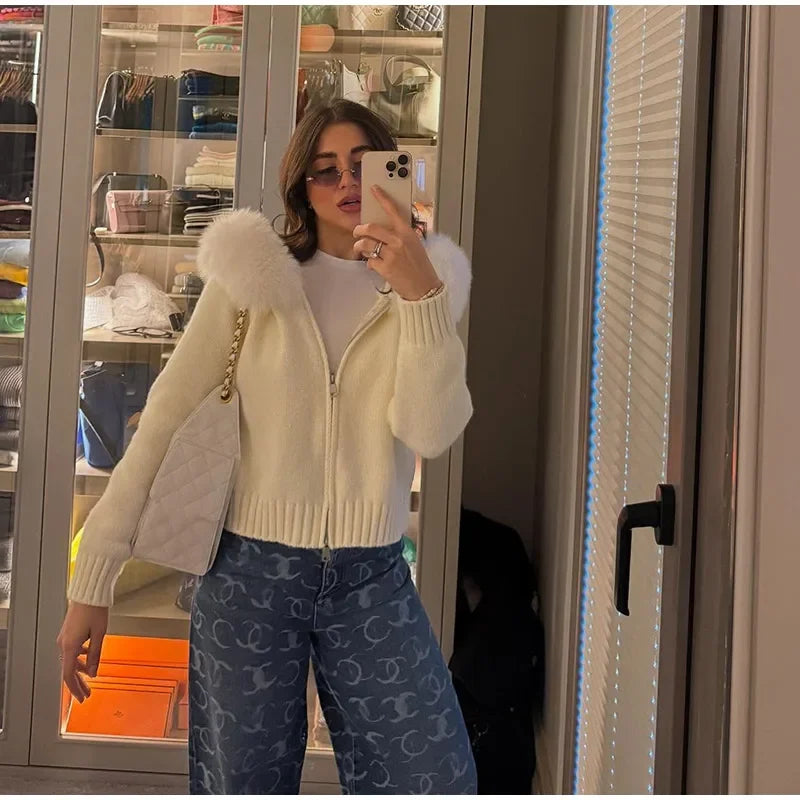 2025 Autumn Casual Fur Collar Sweater Coat Women's Solid Loose Long Sleeve Zippers Pullover New Ladies Fashion Office Tops