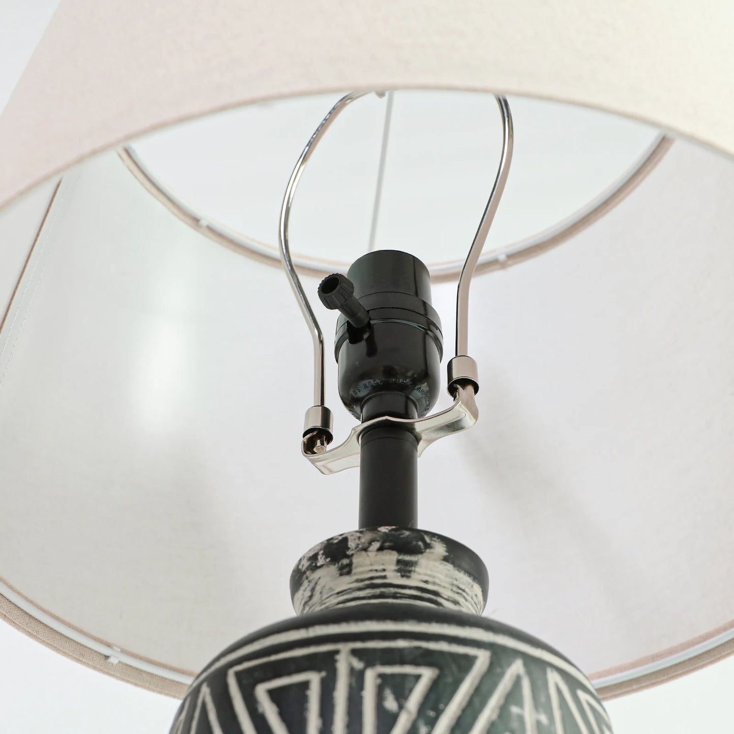 2 Pack 25-Inch Carved Geometric Ceramic Table Lamp With Linen Shade, Southwest's Rustic Accent Lamps For Living Room End Tables