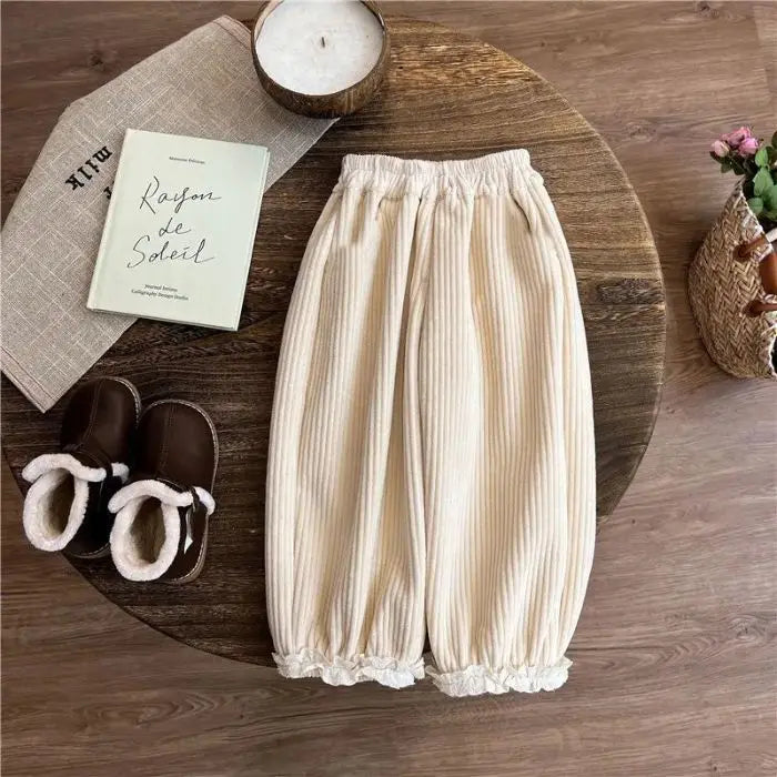 Girls Corduroy Fleece Pants Children Winter Warm Loose Straight Trousers Kids Lace Splicing Clothing Toddler Wide-leg Pants