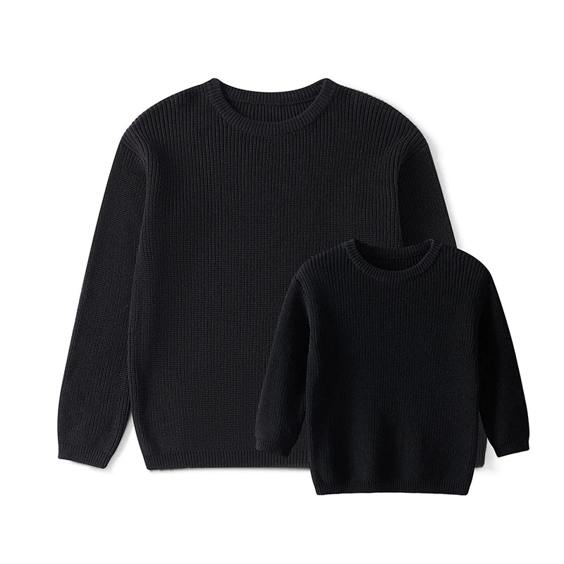 Autumn Winter Fashion Mommy and Me Matching Sweaters Solid Color Ribbed Long Sleeve Round Neck Chunky Knit Tops