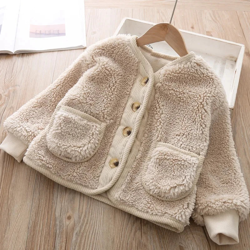 2025 Korean Boys Fall Winter Clothes For Girls Velvet Loose Lamb Velvet Warm Children's Jacket Coat For Girls 0-5-year-old