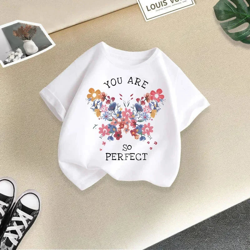 2025 Girl Butterfly Kitten Printed T-shirt Fashion Pure Cotton Round Neck Short Sleeve Girl Casual Candy Color Top