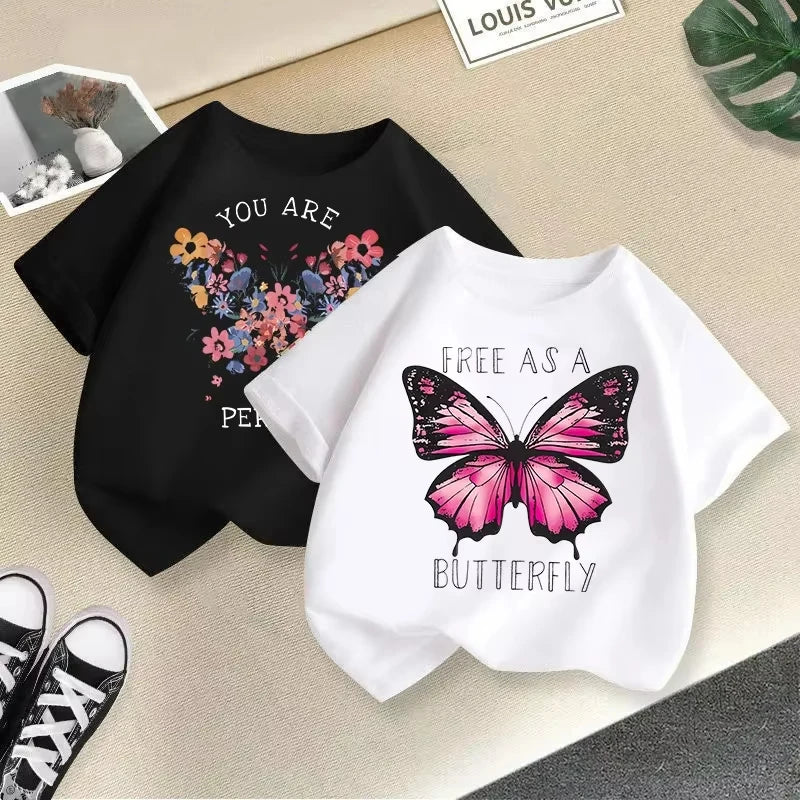 2025 Girl Butterfly Kitten Printed T-shirt Fashion Pure Cotton Round Neck Short Sleeve Girl Casual Candy Color Top