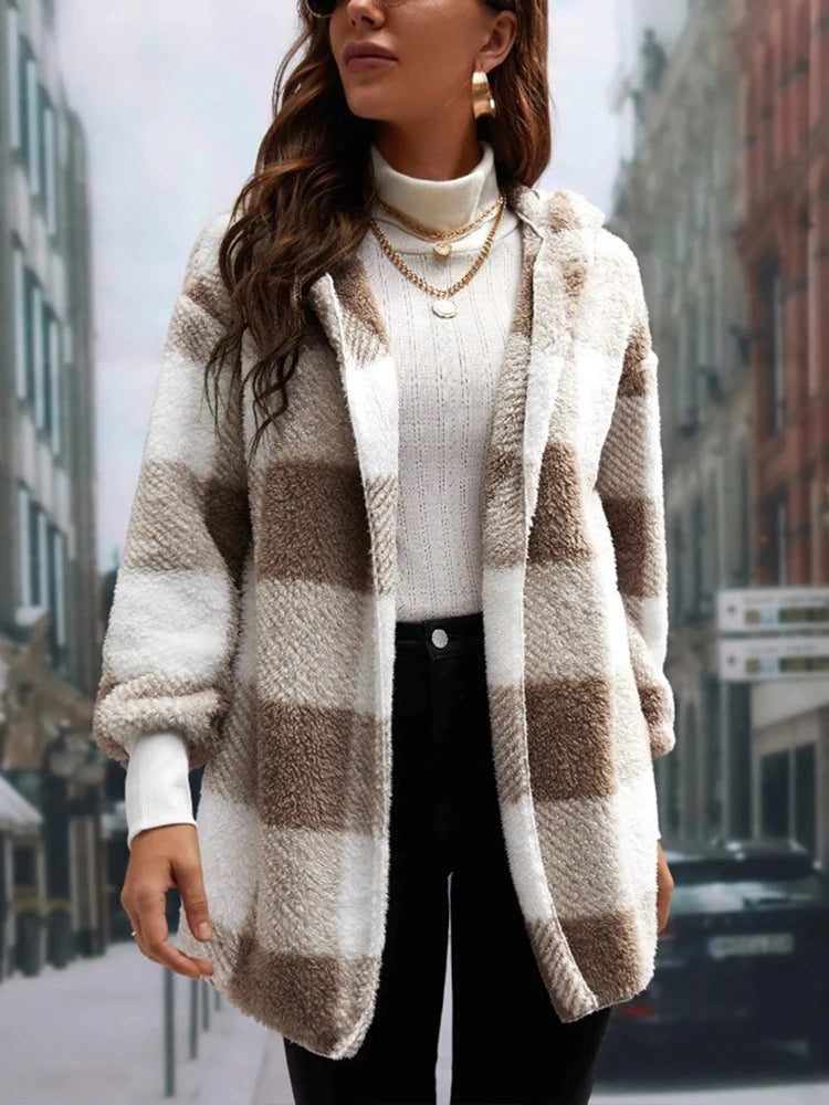 2024 Winter Thick Color-blocked Women's Cardigan Loose Ribbed Cold Resistance Plaid Sweaters Warm Plush Woman Cozy New Clothes