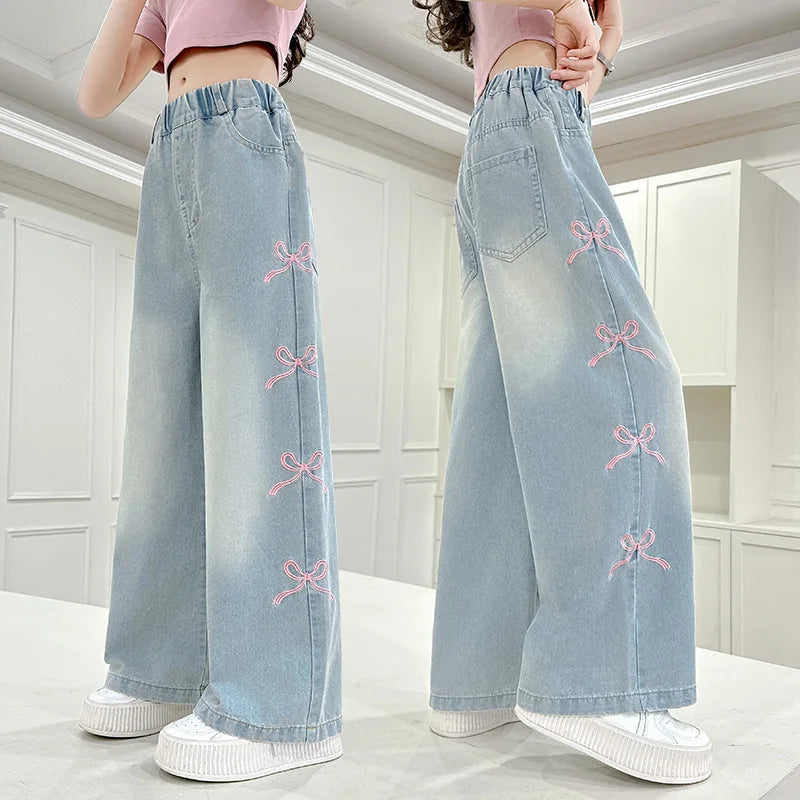 Girls' side pink bow embroidered wide-leg pants 2025 summer thin style slim straight pants suitable for outdoor 5-15 years old