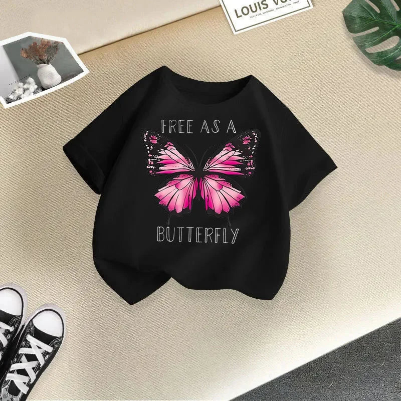 2025 Girl Butterfly Kitten Printed T-shirt Fashion Pure Cotton Round Neck Short Sleeve Girl Casual Candy Color Top