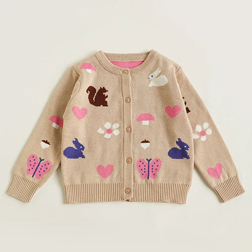 2024 New Autumn Children Long Sleeved Cartoon Print Casual Loose Sweater Baby Girls Knitting Cardigan Coat Kids Knitted Cardigan