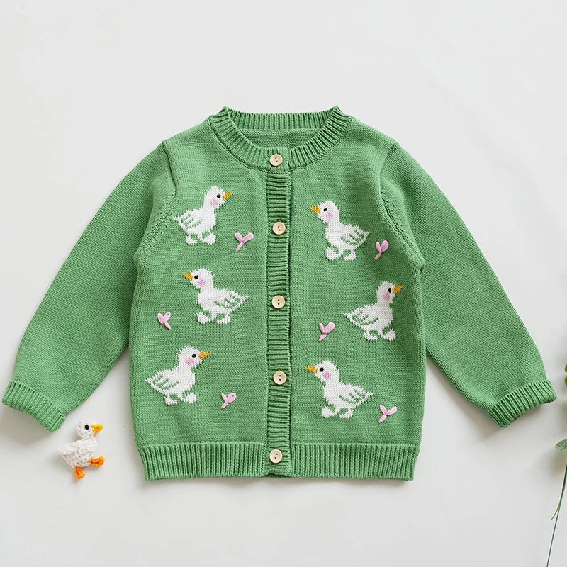 2024 New Autumn Children Long Sleeved Cartoon Print Casual Loose Sweater Baby Girls Knitting Cardigan Coat Kids Knitted Cardigan
