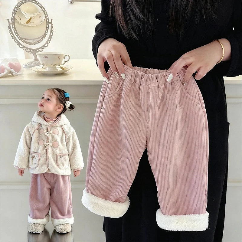 New Kids Thicken Plush Autumn Winter Pants Boys Girls Trendy Fashion Outdoor Plaid Straight Leg Students Children Warm Pant