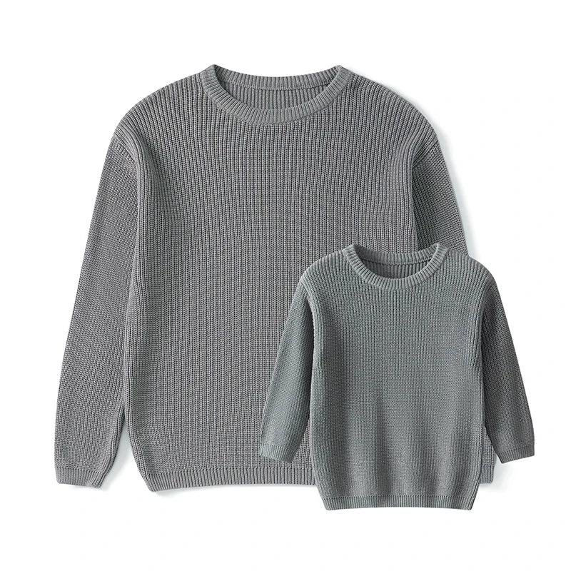 Autumn Winter Fashion Mommy and Me Matching Sweaters Solid Color Ribbed Long Sleeve Round Neck Chunky Knit Tops