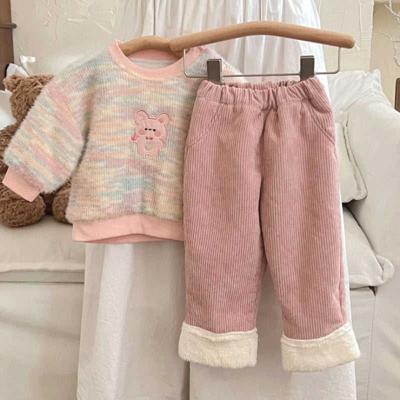 New Kids Thicken Plush Autumn Winter Pants Boys Girls Trendy Fashion Outdoor Plaid Straight Leg Students Children Warm Pant